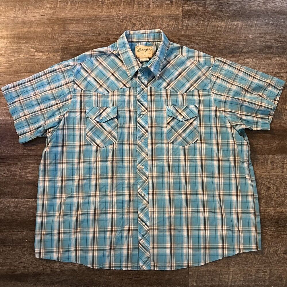 Wrangler Shirt Men's 3XL Blue Plaid Pearl Snap Western Comfort Lightweight Work